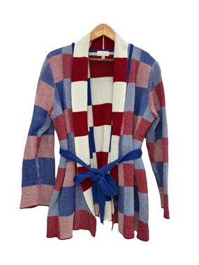 ModCloth Simply Snuggly Checked Cardigan Red, White Blue Colorblock Checkered 2X